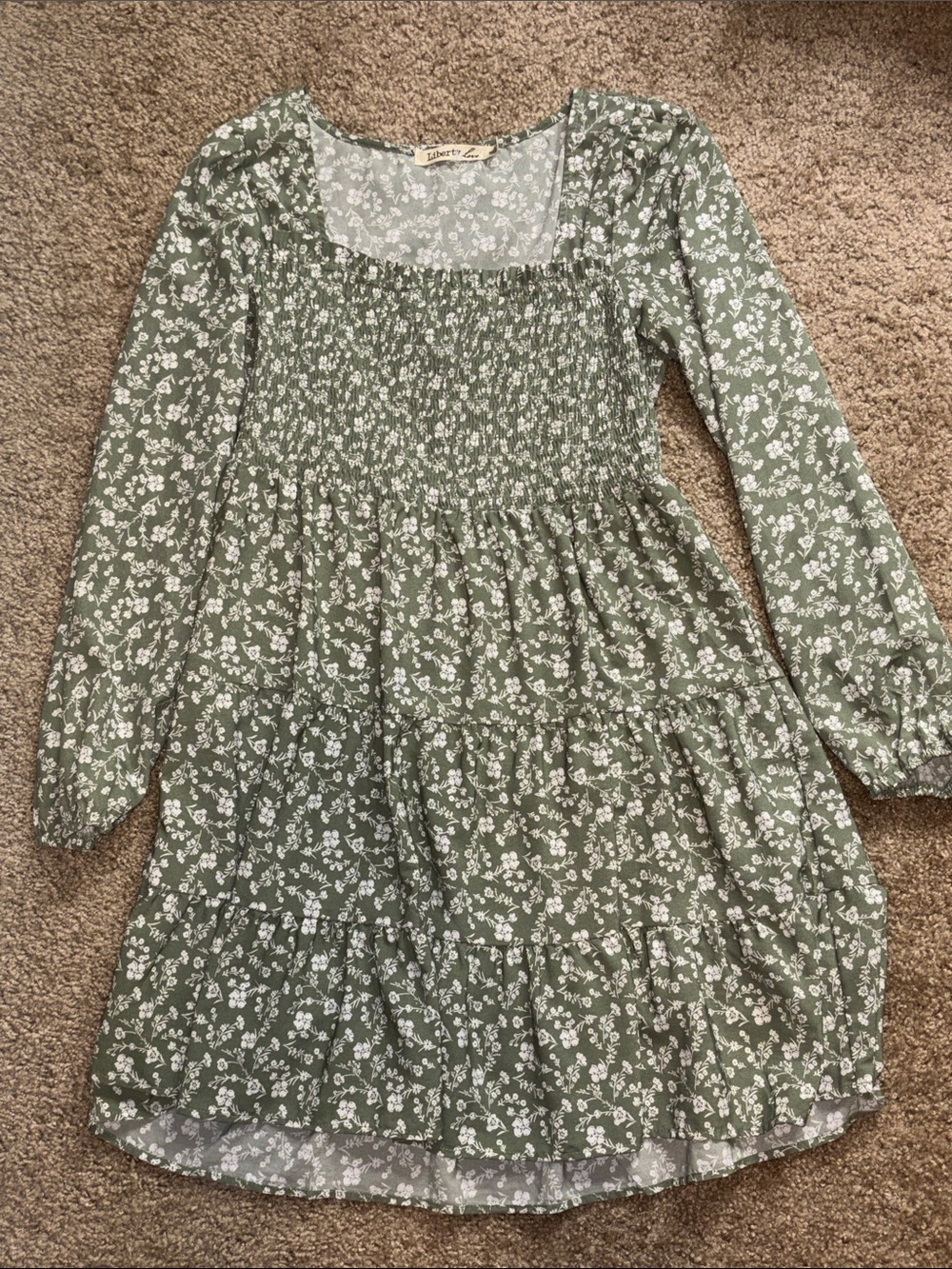 Liberty Love Olive Green Floral Smocked Tiered Dress